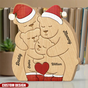 Christmas Family Bear Personalized Wooden Art Puzzle, Wooden Carvings, Gift For Family Members