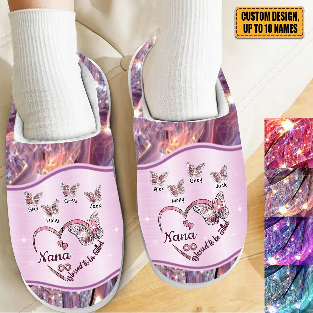 Sparkling Grandma- Mom Heart Butterfly Kids Personalized Fluffy Slippers