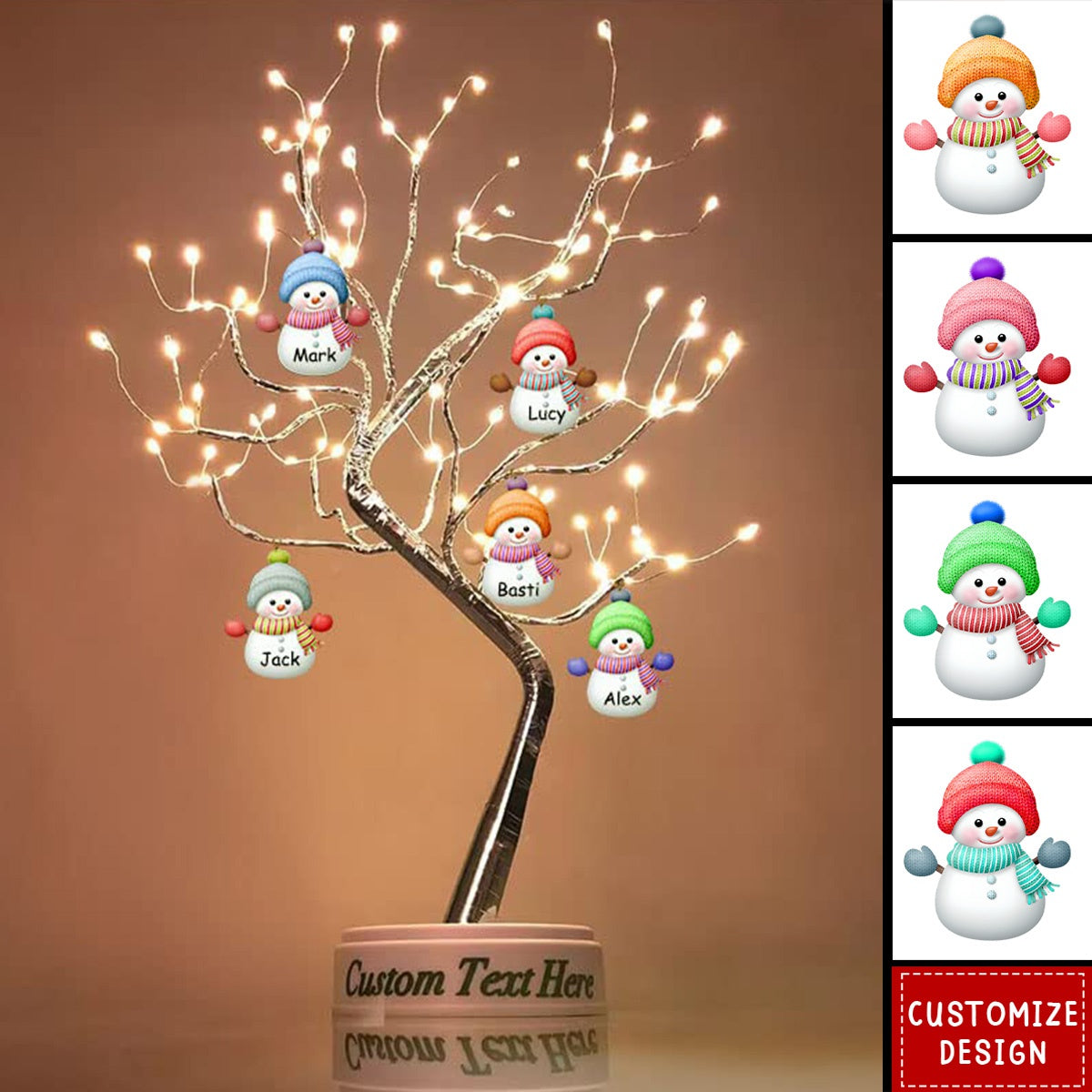 Personalized Snowman Family LED Tree Light