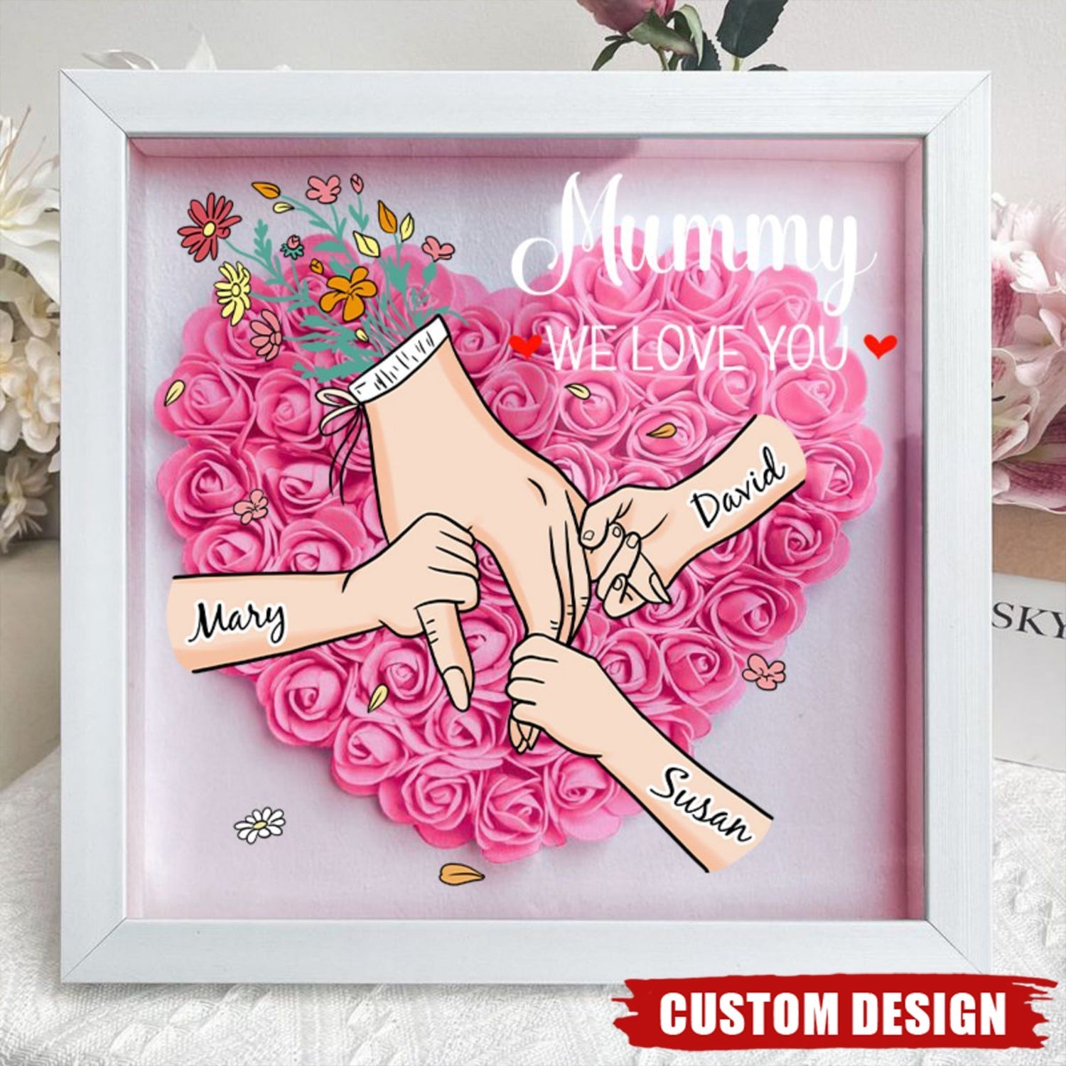 Grandma/Mom We Love You - Personalized Flower Shadow Box With Name