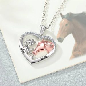 Personalized Girl and Horse Heart Necklace with Engraved Name - Gift for Horse Lovers