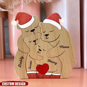 Christmas Family Bear Personalized Wooden Art Puzzle, Wooden Carvings, Gift For Family Members