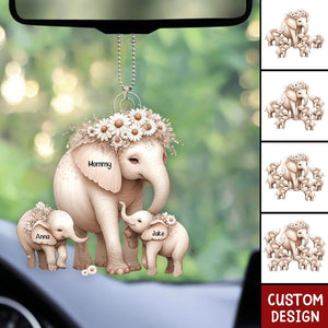 Mama Elephant With Little Kids - Personalized Acrylic Car Ornament - Mother's Day Gift