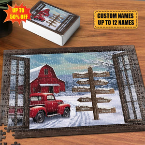 Red Truck Farmhouse Christmas Family Custom Photo - Personalized Photo Jigsaw Puzzle