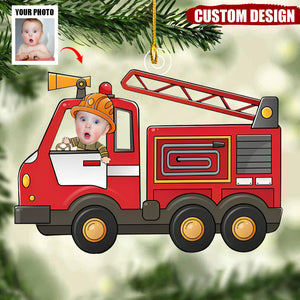 Kid Riding Fire Truck - Personalized Acrylic Photo Ornament