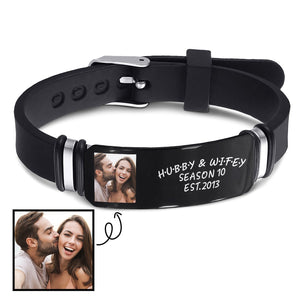 Custom Photo Hubby And Wifey - Birthday, Anniversary Gift For Spouse, Husband, Wife, Couple - Personalized Engraved Bracelet