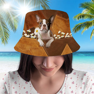 Boston Terrier Holding Daisy Bucket Hat