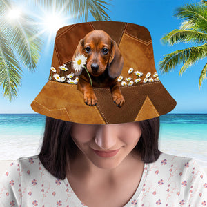 Dachshund Holding Daisy Bucket Hat