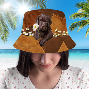 Chocolate Labrador Holding Daisy Bucket Hat