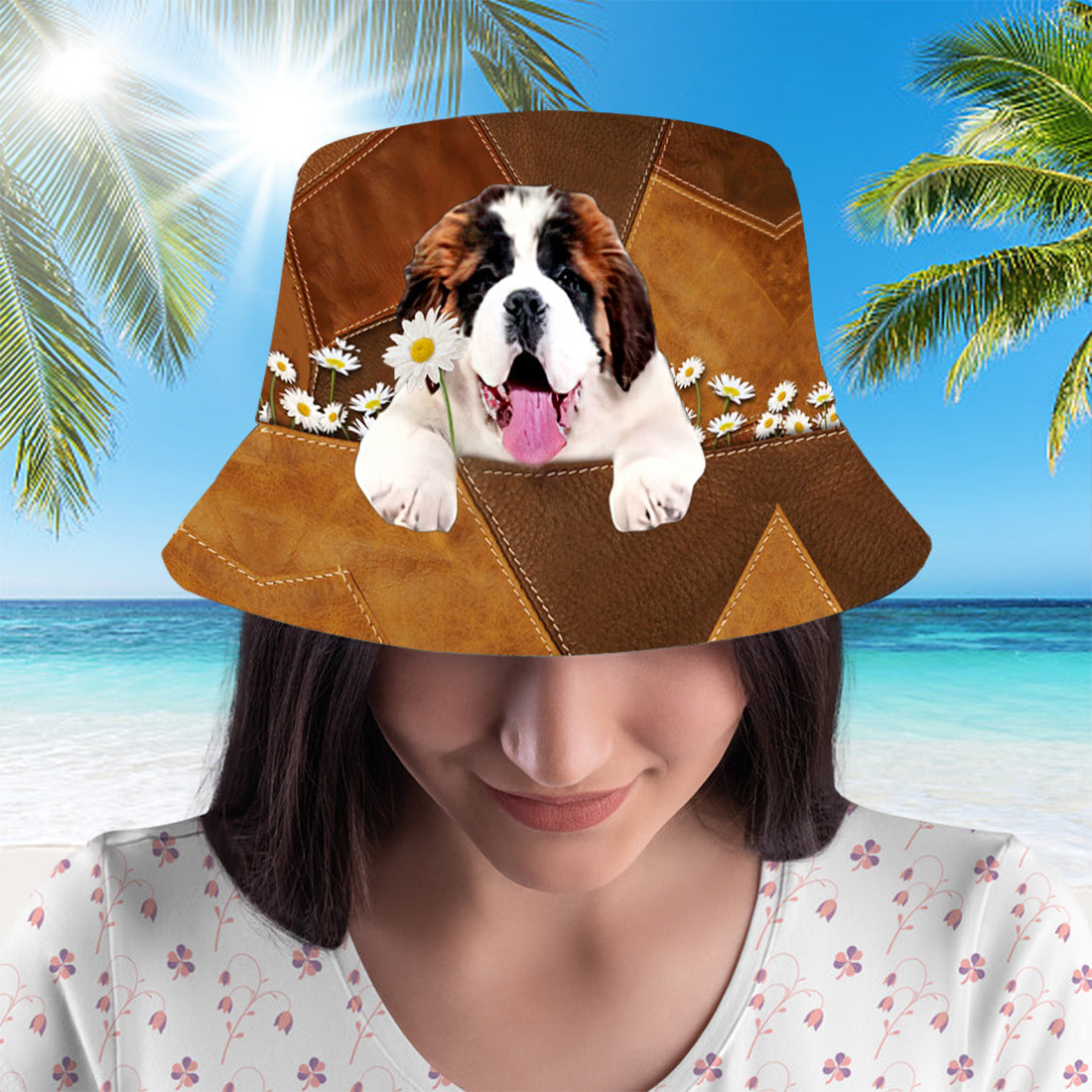 Saint Bernard Holding Daisy Bucket Hat - facamart