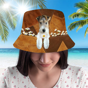 Wire Fox Terrier  Holding Daisy Bucket Hat