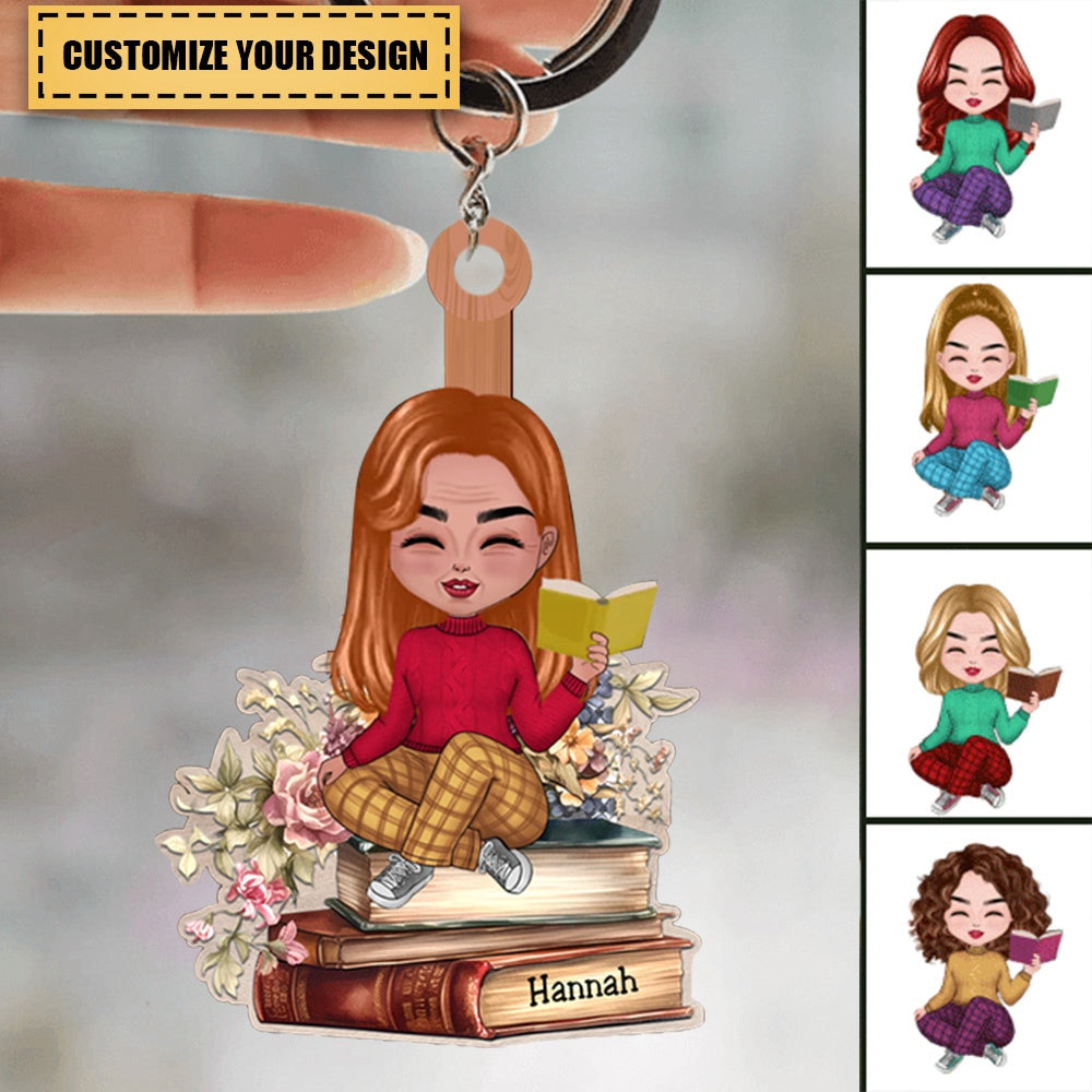 Book Lovers - Reading Girls Sitting On Books - Personalized Acrylicen Keychain