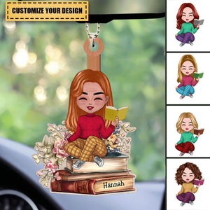 Book Lovers - Reading Girls Sitting On Books - Personalized Acrylicen Ornament