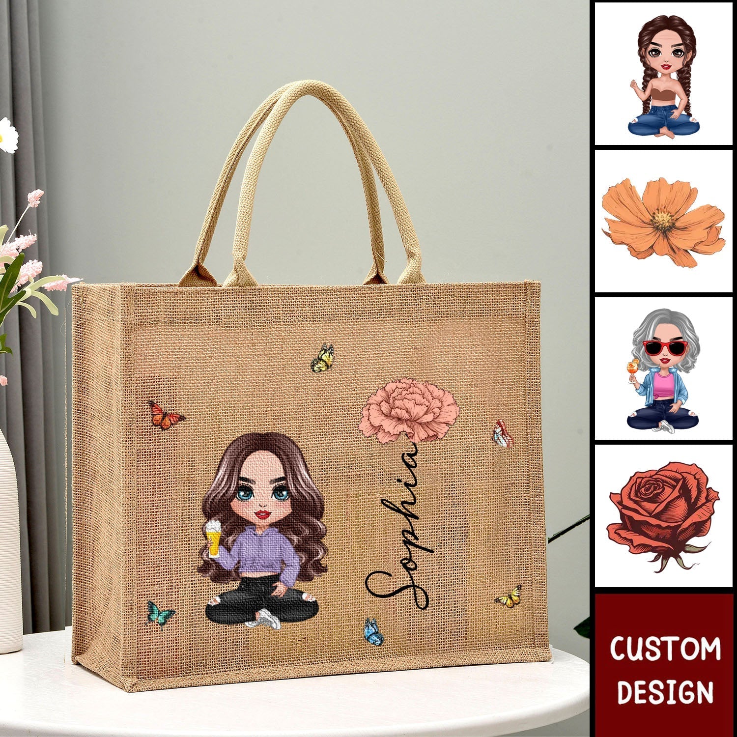 Cute Cartoon Women Girl Birth Flower - Personalized Jute Tote Bag