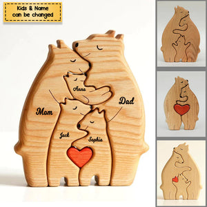 (Ship Worldwide)Personalized Bear Family Wooden Art Puzzle, Gift For Family