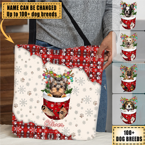 Personalized Dog In Snow Pocket Merry Christmas All Over Print Tote Bag