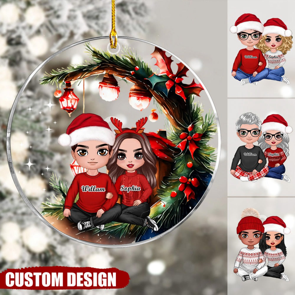 Christmas Doll Couple Sitting Hugging Under Tree Personalized Acrylic Ornament