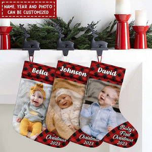 Custom Photo Plaid New Baby My First Christmas - Christmas Gift - Personalized Christmas Stocking