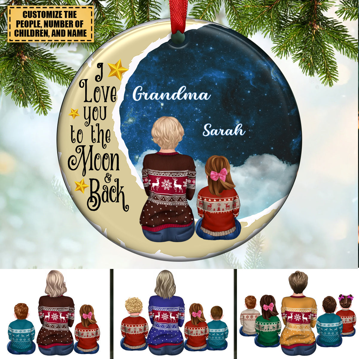 Family - Grandma/Mom Love kids On Moon - Personalized Circle Ornament