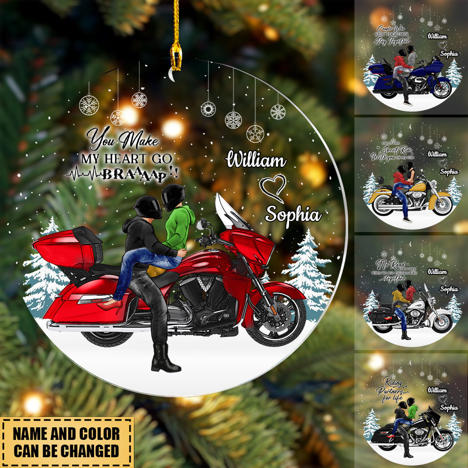 PERSONALIZED RIDING COUPLE ACRYLIC ORNAMENT- YOU MAKE MY HEART GO BRAAAP