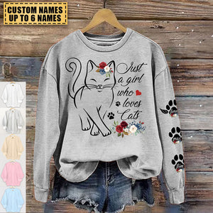 Just A Girl Who Loves Cats Custom Pawprints On Sleeve - Personalized Sweatshirt