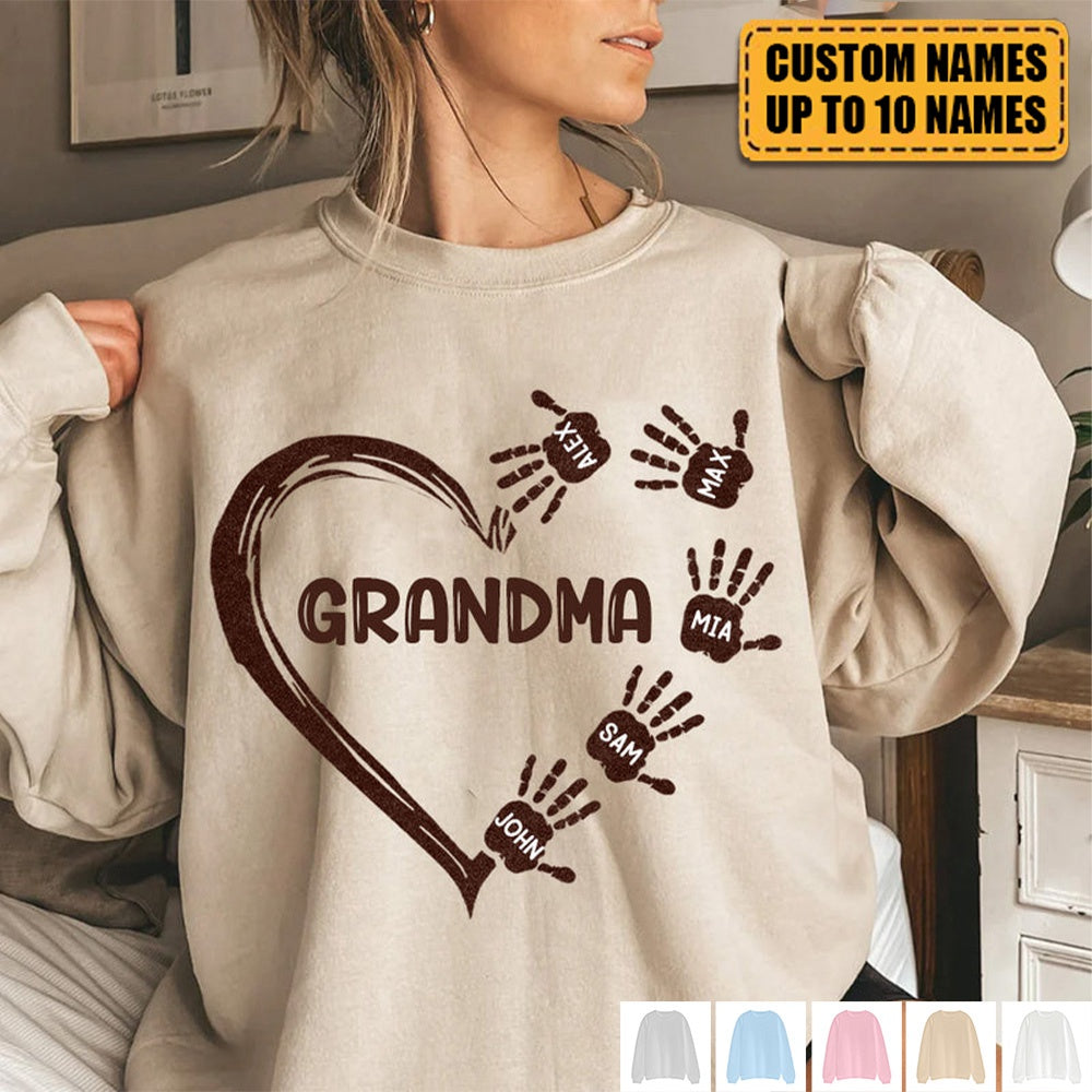 Grandma Mom Heart Kids' Handprints Custom Names Personalized Sweatshirt