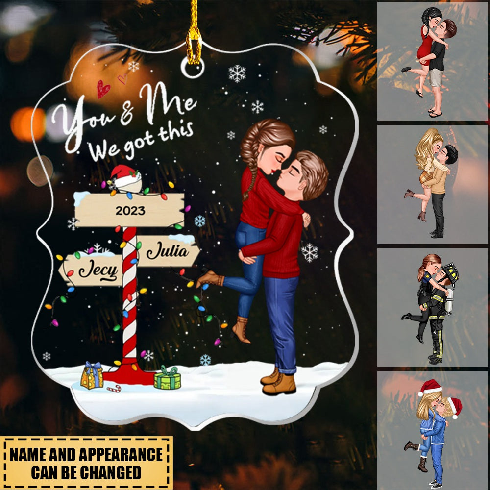 Winter Couple Hugging Kissing Snow Personalized Acrylic Ornament-2