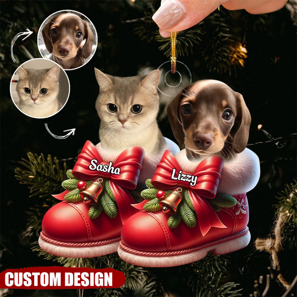 Cute Pet On Christmas Boots Shoes Personalized Photo Acrylic Ornament