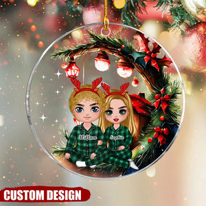 Christmas Doll Couple Sitting Hugging Under Tree Personalized Acrylic Ornament