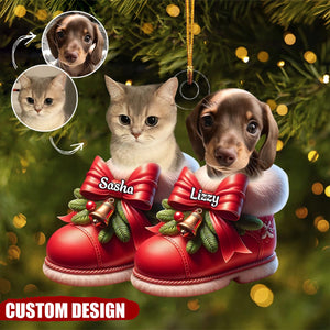 Cute Pet On Christmas Boots Shoes Personalized Photo Acrylic Ornament