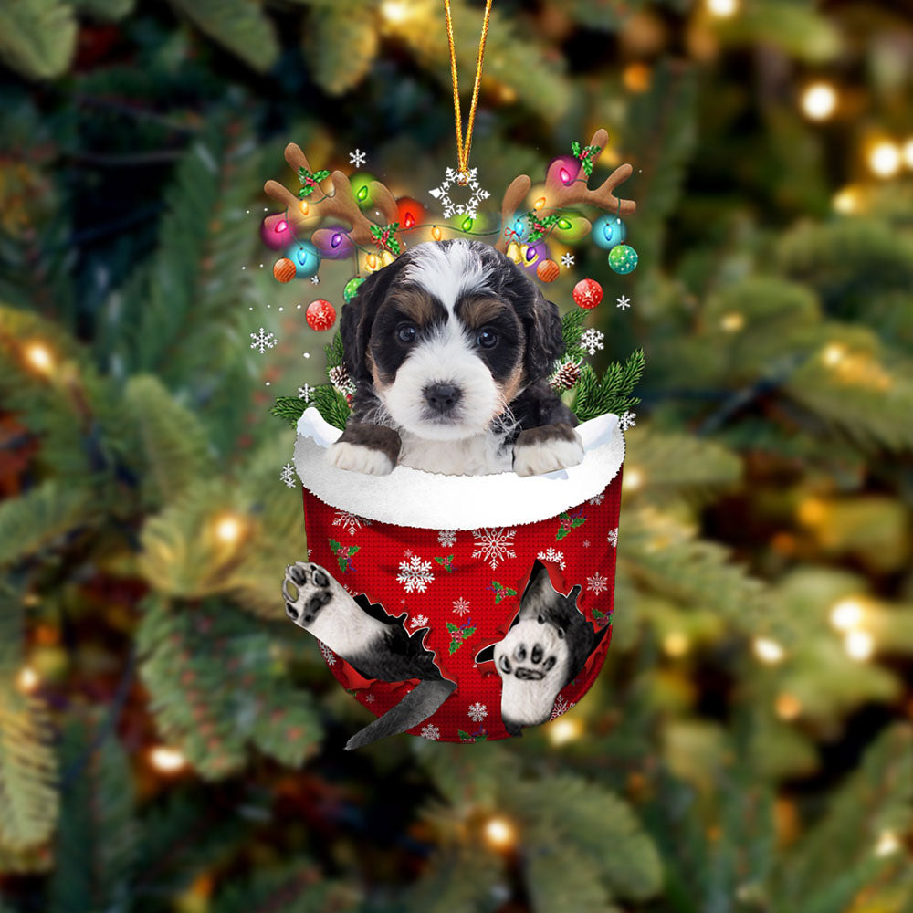 Bernedoodle In Snow Pocket Christmas Ornament