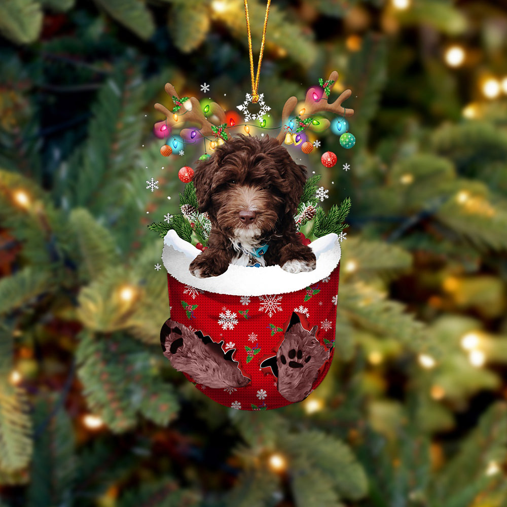 CHOCOLATE goldendoodle In Snow Pocket Christmas Ornament